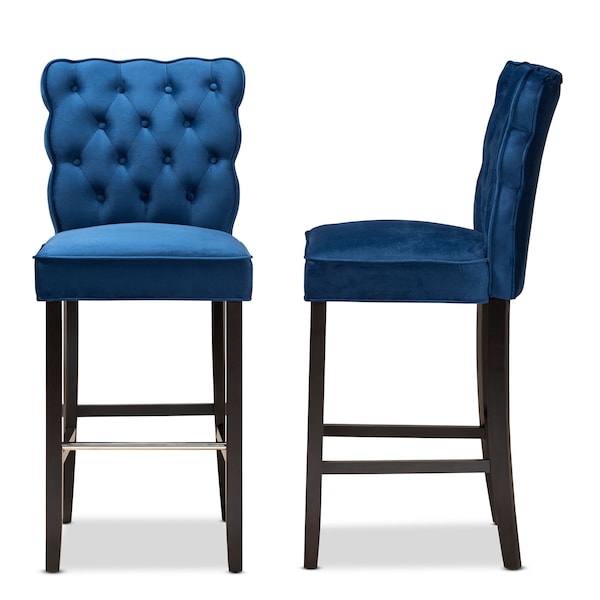Baxton Studio Daphne Modern Navy Blue Velvet and Dark Brown Finished Wood 2-PC Bar Stool Set - 183-11010-ZORO