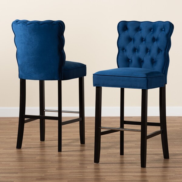 Baxton Studio Daphne Modern Navy Blue Velvet and Dark Brown Finished Wood 2-PC Bar Stool Set - 183-11010-ZORO