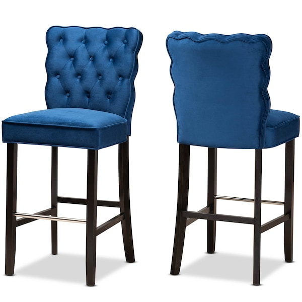 Baxton Studio Daphne Modern Navy Blue Velvet and Dark Brown Finished Wood 2-PC Bar Stool Set - 183-11010-ZORO