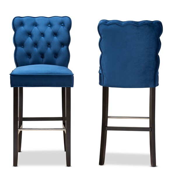 Baxton Studio Daphne Modern Navy Blue Velvet and Dark Brown Finished Wood 2-PC Bar Stool Set - 183-11010-ZORO