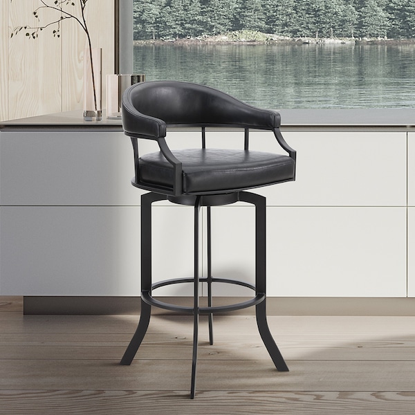 Armen Living Pharaoh Swivel 26" Black Powder Coated and Black Faux Leather Metal Bar Stool - 721535743315