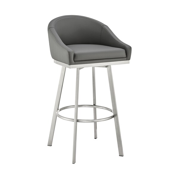 Armen Living Noran Swivel Bar Stool in Brushed Stainless Steel with Gray Faux Leather - 840254335714