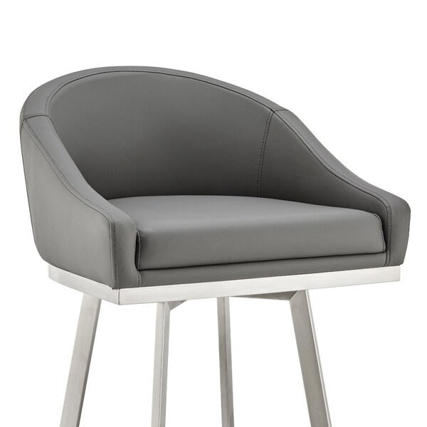 Armen Living Noran Swivel Bar Stool in Brushed Stainless Steel with Gray Faux Leather - 840254335714