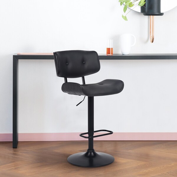 Armen Living Brooklyn Adjustable Swivel Black Faux Leather and Black Wood Bar Stool with Black Base - LCBRBABLBL