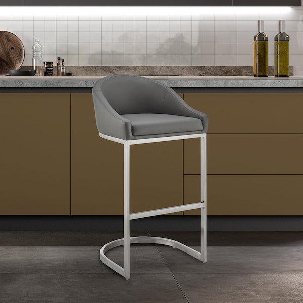 Armen Living Atherik Bar Stool in Brushed Stainless Steel with Gray Faux Leather - 840254335806