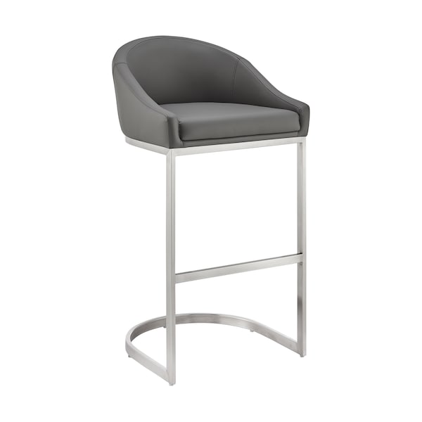 Armen Living Atherik Bar Stool in Brushed Stainless Steel with Gray Faux Leather - 840254335806