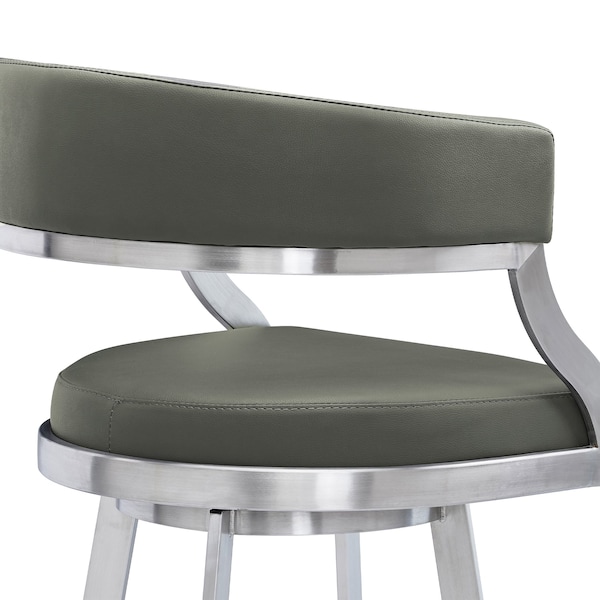 Armen Living Dione 30" Bar Height Swivel Gray Faux Leather and Brushed Stainless Steel Bar Stool - 840254335127