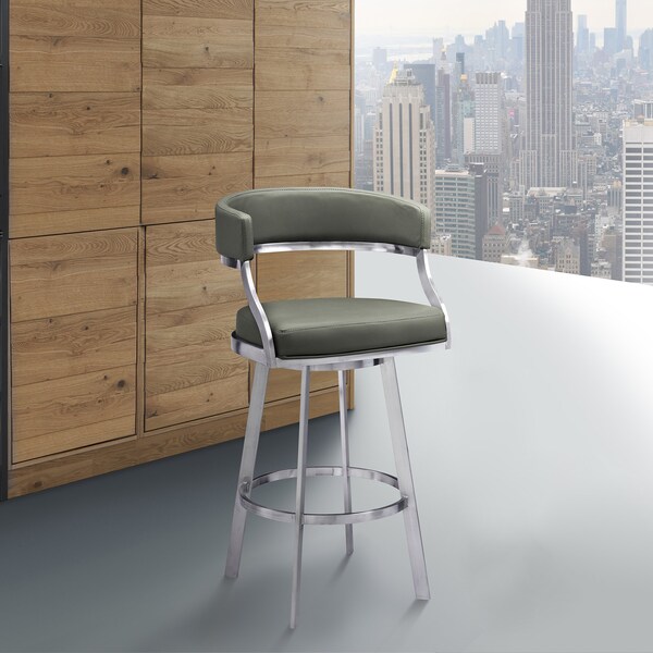 Armen Living Dione 30" Bar Height Swivel Gray Faux Leather and Brushed Stainless Steel Bar Stool - 840254335127