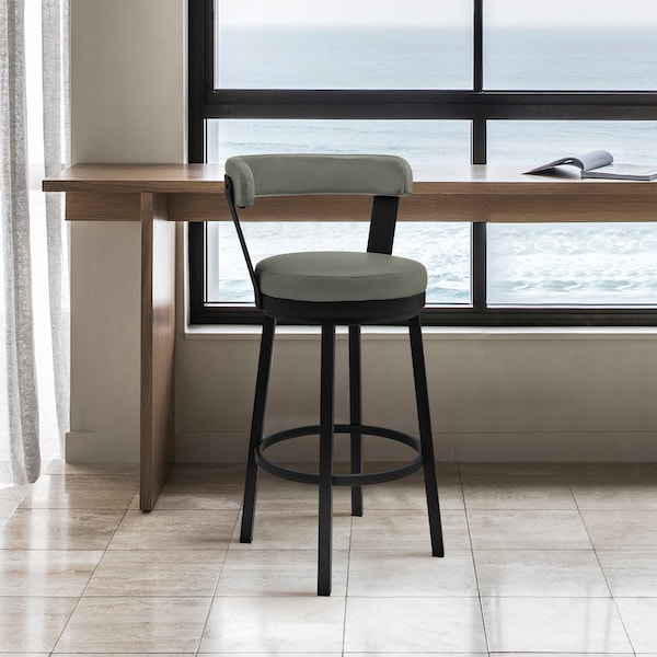Armen Living Kobe 30" Bar Height Swivel Bar Stool in Black Finish and Gray Faux Leather - 721535761777