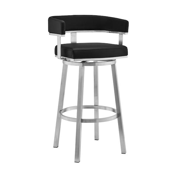 Armen Living Cohen 30" Black Faux Leather and Brushed Stainless Steel Swivel Bar Stool - 721535762156