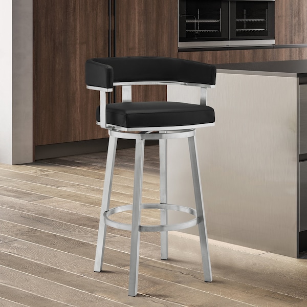 Armen Living Cohen 30" Black Faux Leather and Brushed Stainless Steel Swivel Bar Stool - 721535762156