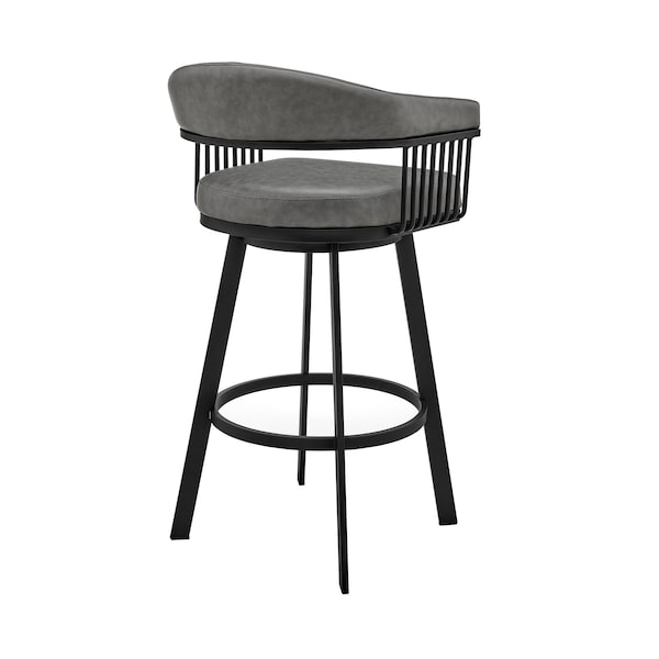 Armen Living Bronson 29" Bar Height Swivel Bar Stool in Black Finish and Gray Faux Leather - 721535761890
