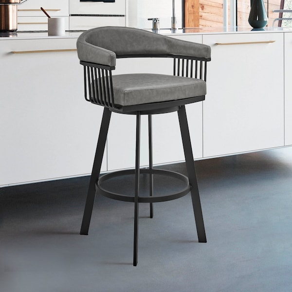 Armen Living Bronson 29" Bar Height Swivel Bar Stool in Black Finish and Gray Faux Leather - 721535761890