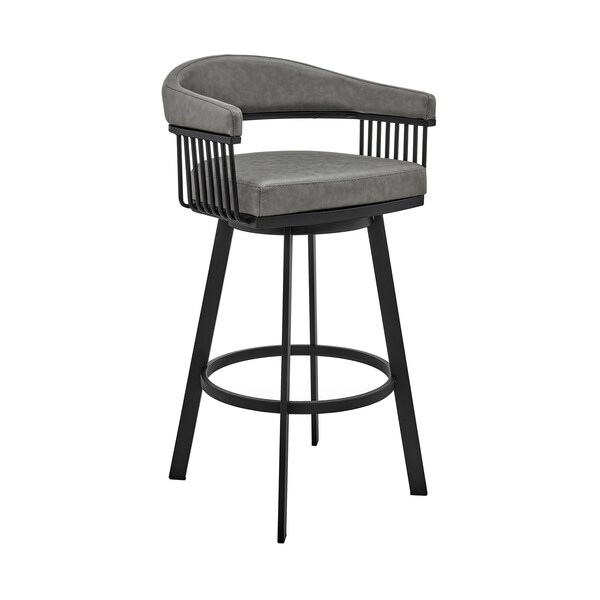 Armen Living Bronson 29" Bar Height Swivel Bar Stool in Black Finish and Gray Faux Leather - 721535761890
