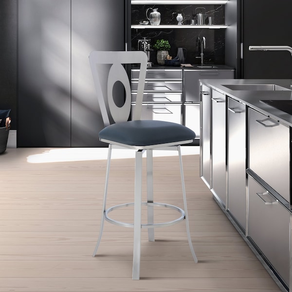 Armen Living Lola Contemporary 30" Bar Height Barstool in Brushed Stainless Steel Finish and Gray Faux Leather - LCLLBABSGR30