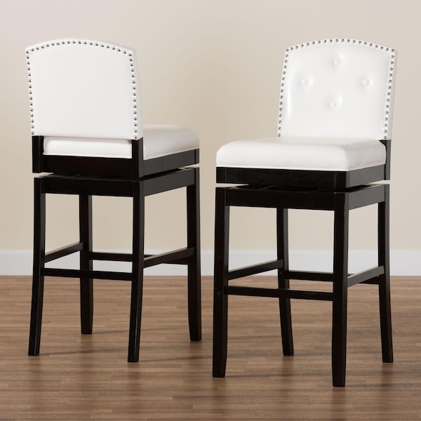 Baxton Studio White Faux Leather Button-tufted Upholstered Swivel Bar Stool, PR - 122-6751