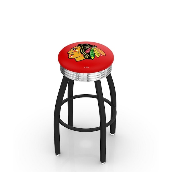 Holland Bar Stool Co 25" Blk Wrinkle Chicago Blackhawks Swivel Bar Stool, Chrome Ring - L8B3C25CHIHWK-R