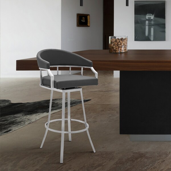 Armen Living Valerie 30" Swivel Slate Gray Faux Leather Bar and Counter Stool in Brushed Stainless Steel Finish - LCVLBABSSG30