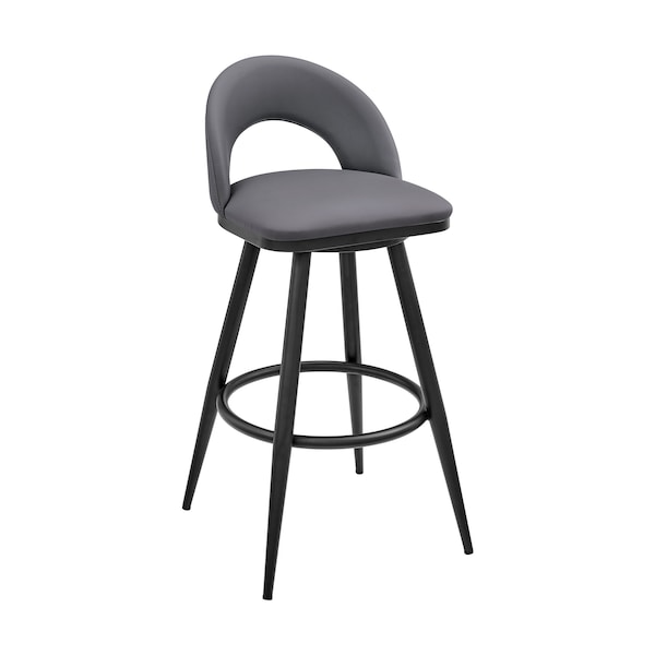 Armen Living Lottech Swivel Bar Stool in Black Metal with Gray Faux Leather - 840254335387