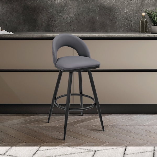 Armen Living Lottech Swivel Bar Stool in Black Metal with Gray Faux Leather - 840254335387
