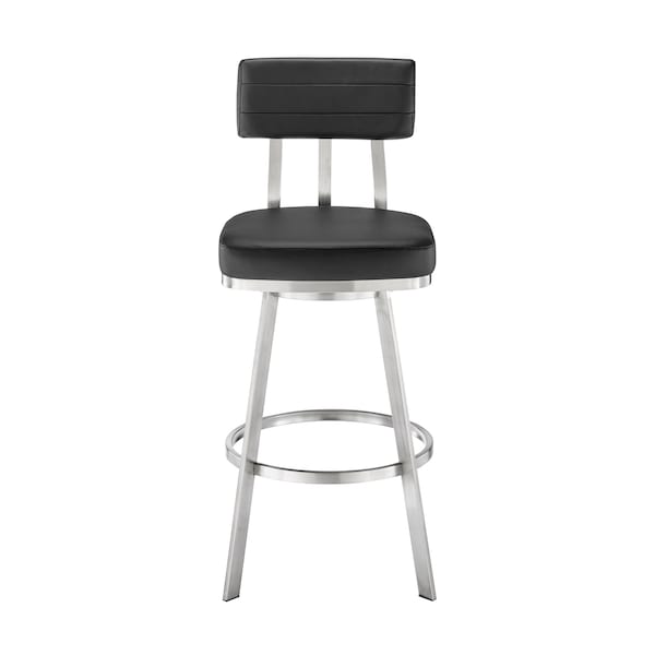 Armen Living Jinab Swivel Bar Stool in Brushed Stainless Steel with Black Faux Leather - 840254335271