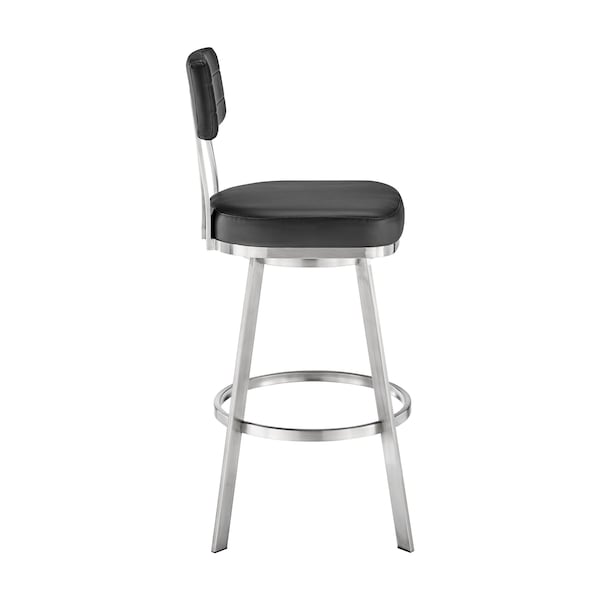 Armen Living Jinab Swivel Bar Stool in Brushed Stainless Steel with Black Faux Leather - 840254335271