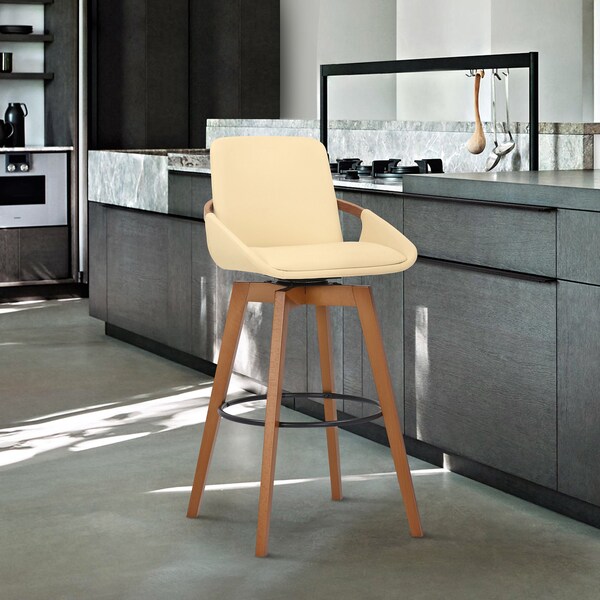Armen Living Baylor 30" Cream Faux Leather and Walnut Wood Swivel Bar Stool - LCBABAWACR30