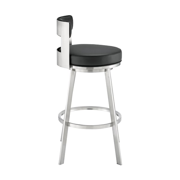 Armen Living Lynof Swivel Bar Stool in Brushed Stainless Steel with Black Faux Leather - 840254335516