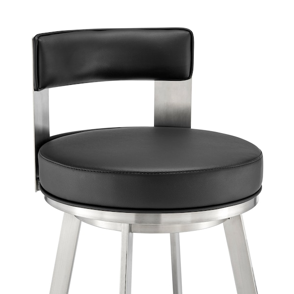 Armen Living Lynof Swivel Bar Stool in Brushed Stainless Steel with Black Faux Leather - 840254335516