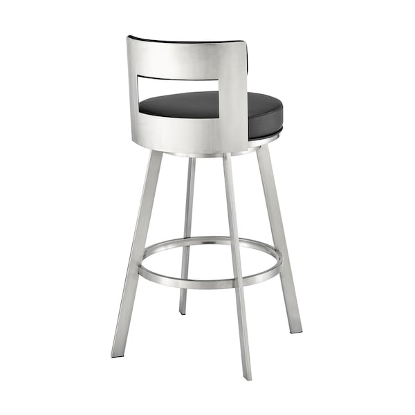 Armen Living Lynof Swivel Bar Stool in Brushed Stainless Steel with Black Faux Leather - 840254335516