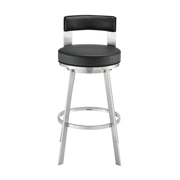 Armen Living Lynof Swivel Bar Stool in Brushed Stainless Steel with Black Faux Leather - 840254335516
