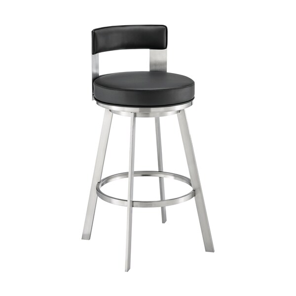 Armen Living Lynof Swivel Bar Stool in Brushed Stainless Steel with Black Faux Leather - 840254335516