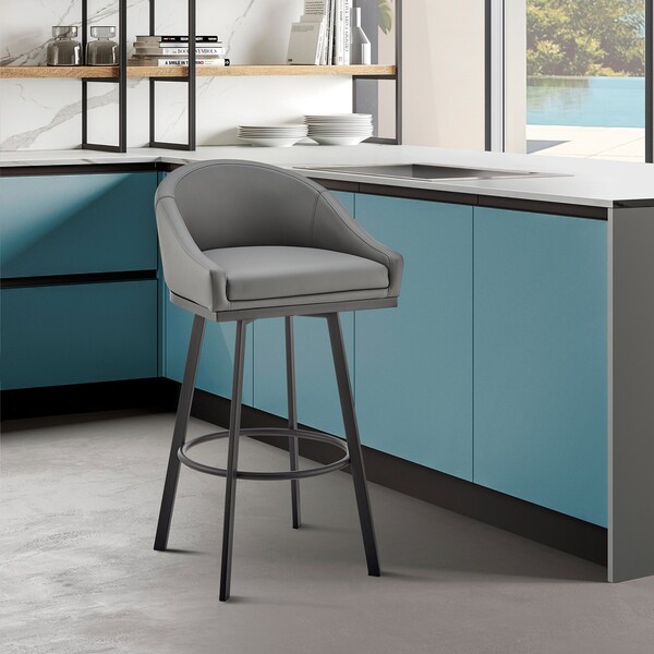 Armen Living Noran Swivel Bar Stool in Black Metal with Gray Faux Leather - 840254335738