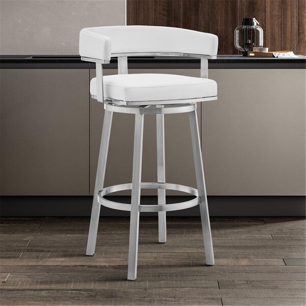 Seatsolutions 26 in. Lorin White Faux Leather & Brushed Stainless Steel Swivel Bar Stool - SE2756396