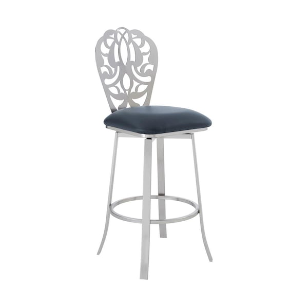 Homeroots 30 in. Grey Faux Leather Scroll Brushed Stainless Steel Swivel Bar Stool - 477113