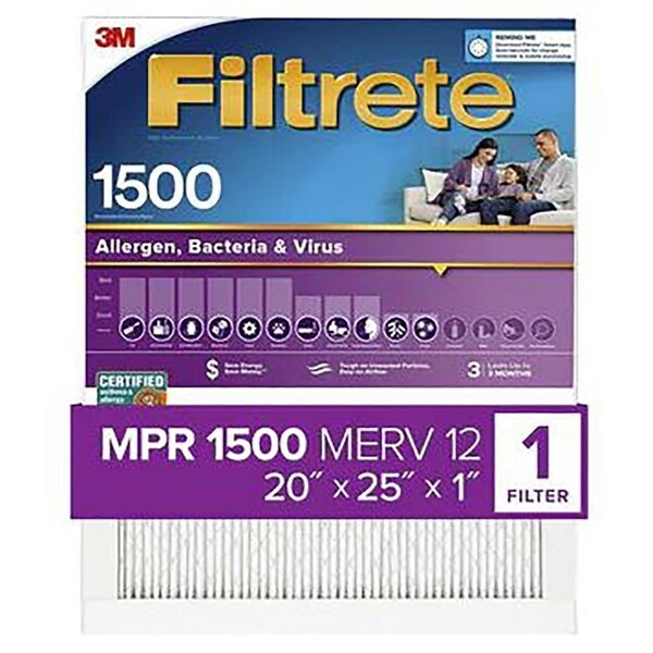 Filtrete Air Filter, 25 in L, 20 in W, 12 MERV, 1500 MPR, For: Air Conditioner, Furnace and HVAC System - 2003-4