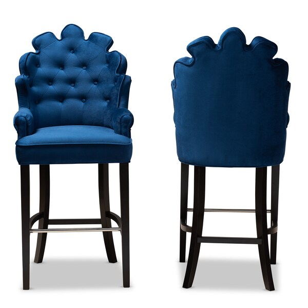 Baxton Studio Chloe Modern and Contemporary Navy Blue Velvet and Dark Brown Finished Wood 2-Piece Bar Stool Set - 181-11008-ZORO