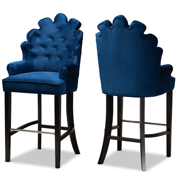 Baxton Studio Chloe Modern and Contemporary Navy Blue Velvet and Dark Brown Finished Wood 2-Piece Bar Stool Set - 181-11008-ZORO