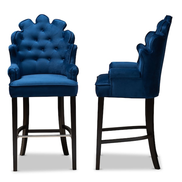 Baxton Studio Chloe Modern and Contemporary Navy Blue Velvet and Dark Brown Finished Wood 2-Piece Bar Stool Set - 181-11008-ZORO