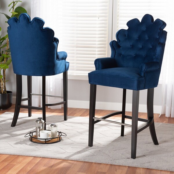 Baxton Studio Chloe Modern and Contemporary Navy Blue Velvet and Dark Brown Finished Wood 2-Piece Bar Stool Set - 181-11008-ZORO