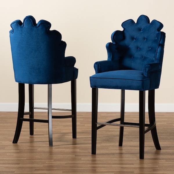 Baxton Studio Chloe Modern and Contemporary Navy Blue Velvet and Dark Brown Finished Wood 2-Piece Bar Stool Set - 181-11008-ZORO