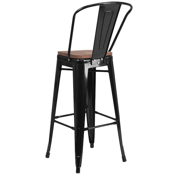Flash Furniture Black Metal Barstool with Back and Wood Seat, 30" High, PK4 - 4-CH-31320-30GB-BK-WD-GG