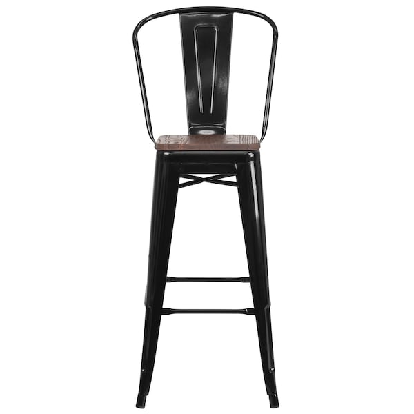 Flash Furniture Black Metal Barstool with Back and Wood Seat, 30" High, PK4 - 4-CH-31320-30GB-BK-WD-GG