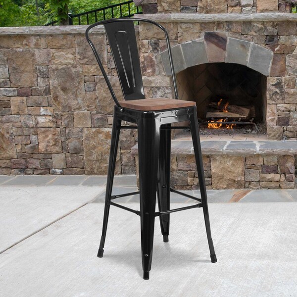Flash Furniture Black Metal Barstool with Back and Wood Seat, 30" High, PK4 - 4-CH-31320-30GB-BK-WD-GG