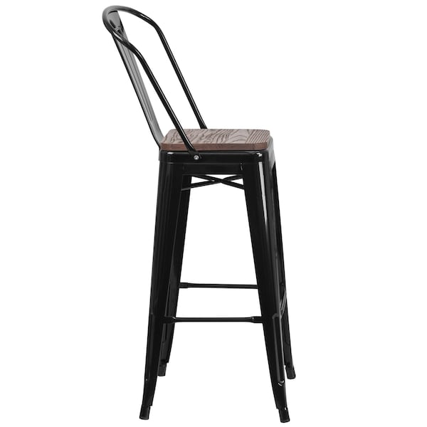 Flash Furniture Black Metal Barstool with Back and Wood Seat, 30" High, PK4 - 4-CH-31320-30GB-BK-WD-GG