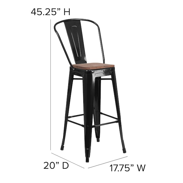 Flash Furniture Black Metal Barstool with Back and Wood Seat, 30" High, PK4 - 4-CH-31320-30GB-BK-WD-GG