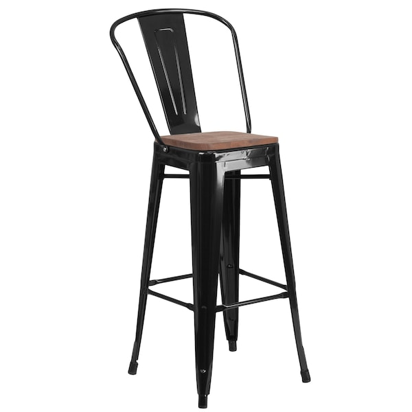 Flash Furniture Black Metal Barstool with Back and Wood Seat, 30" High, PK4 - 4-CH-31320-30GB-BK-WD-GG
