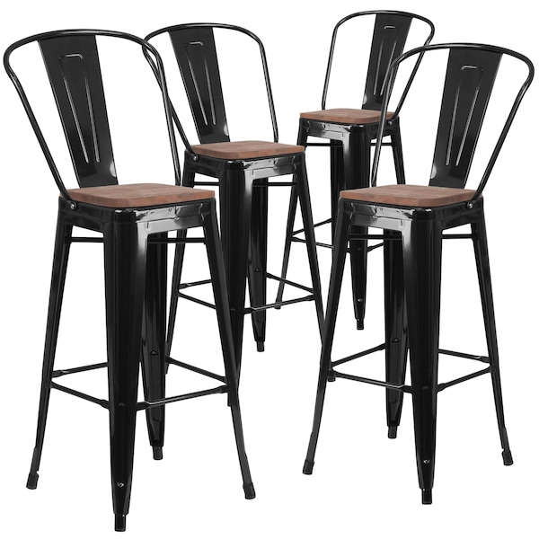 Flash Furniture Black Metal Barstool with Back and Wood Seat, 30" High, PK4 - 4-CH-31320-30GB-BK-WD-GG