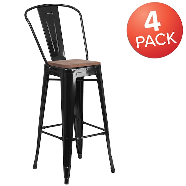 Flash Furniture Black Metal Barstool with Back and Wood Seat, 30" High, PK4 - 4-CH-31320-30GB-BK-WD-GG