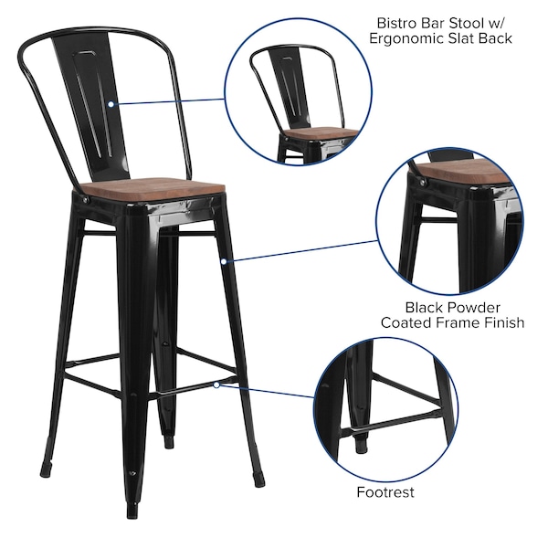 Flash Furniture Black Metal Barstool with Back and Wood Seat, 30" High, PK4 - 4-CH-31320-30GB-BK-WD-GG